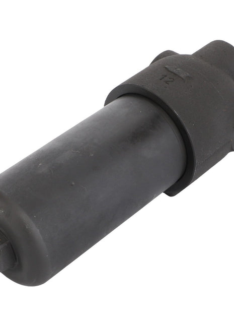 The AGCO Filter - Acp0328820 is a cylindrical black hydraulic filter equipped with connectors. It features a hexagonal cap on one end and an inlet/outlet port on the side. No current product description is available for this item.