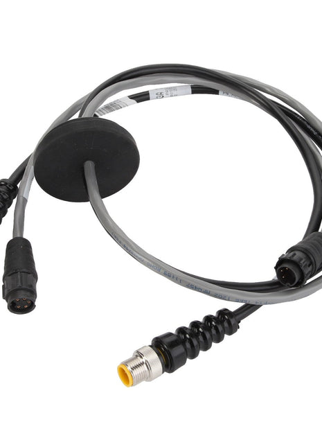 The AGCO Cable - Acw190763A, a black and gray cable featuring multiple connectors and a circular rubber component in the middle, is isolated on a pristine white background.