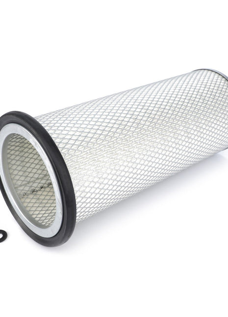 An AGCO Engine Air Filter Cartridge - La1930748 with a cylindrical design, metal mesh exterior, and rubber ends is lying on its side. A small rubber O-ring rests beside it. This high-quality AGCO product ensures top-notch filtration efficiency to protect your engine effectively.