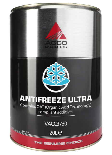 A 20-liter metal container of AGCO Parts Antifreeze Ultra, featuring a snowflake icon and containing OAT Technology compliant additives for optimal engine cooling system performance. Product Code: Vacc3730.