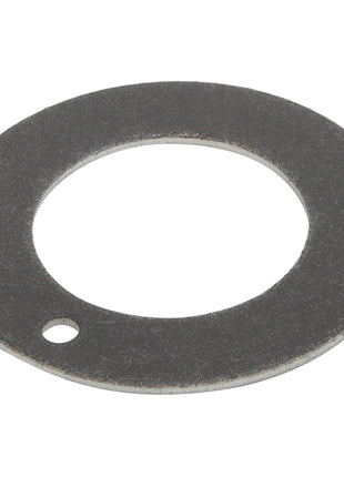 Introducing the AGCO Washer - Acw9109530: a flat, circular grey metal washer featuring a large central hole and an additional smaller hole near the edge.