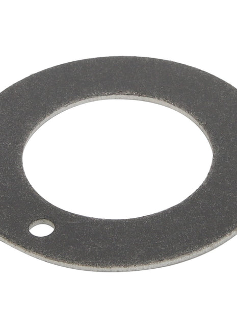 Introducing the AGCO Washer - Acw9109530: a flat, circular grey metal washer featuring a large central hole and an additional smaller hole near the edge.
