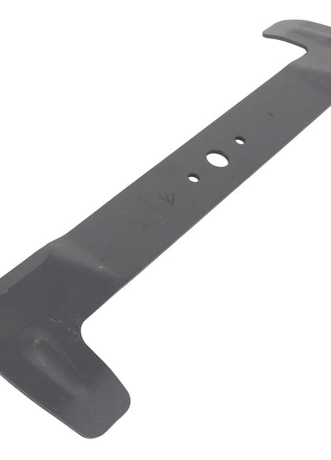 Introducing the AGCO | BLADE - CG1820043411, a premium black metal lawn mower blade from the renowned brand AGCO. This precision-engineered blade features a central mounting hole flanked by two smaller holes, curved ends, and a slightly angled cutting edge for optimal performance.