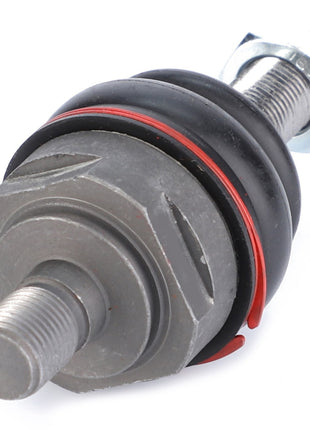 Close-up image of the AGCO Ball Joint - 0.010.2460.0, made from high-grade steel with a threaded shaft, nut, and rubber seal. The ball joint shows grooves for tightening with a wrench and features a distinctive red ring around the rubber seal.