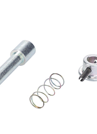 A metal rod with a hole, a coiled spring, and a cylindrical component with a small protruding pin, all placed against a white background—ideal linkage components from AGCO's Slip Through Security, Automatic Clevis - F416500070100.