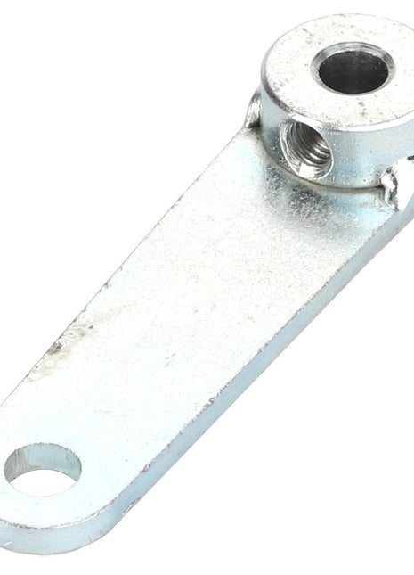 The AGCO Lever - Acw0583460 is a metallic bracket featuring two holes, one threaded and one unthreaded, presumably designed for mounting purposes. Additional product description information is currently unavailable.