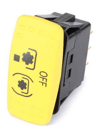 A yellow and black AGCO electrical switch, labeled with symbols and the word "OFF," compatible with Massey Ferguson Models, specifically the AGCO | Switch, Rocker, Pto - 4290446M3.