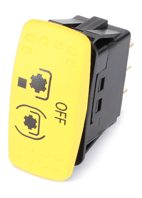 A yellow and black AGCO electrical switch, labeled with symbols and the word "OFF," compatible with Massey Ferguson Models, specifically the AGCO | Switch, Rocker, Pto - 4290446M3.