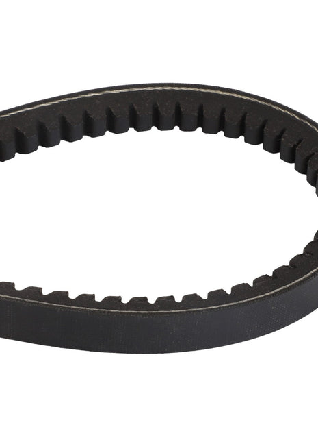 Close-up of the AGCO V BELT - D41921500, a black, ribbed industrial belt forming a loop, commonly used in machinery for transferring mechanical power with precision.