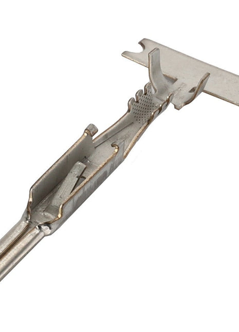 A picture of the AGCO Electrical Connector Pin Terminal - AG519288, a small, metallic, T-shaped connector featuring a flat base and protruding prongs. This product is manufactured by AGCO.