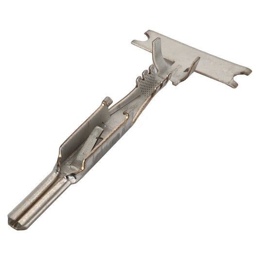 A picture of the AGCO Electrical Connector Pin Terminal - AG519288, a small, metallic, T-shaped connector featuring a flat base and protruding prongs. This product is manufactured by AGCO.