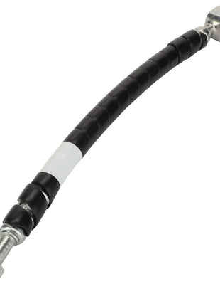 Introducing the AGCO Hose - Acw144221B, a flexible black hose that features durable metal fittings at both ends. One end is equipped with a straight fitting, while the other has an angled fitting. Please note that detailed product description information is currently unavailable.