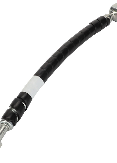 Introducing the AGCO Hose - Acw144221B, a flexible black hose that features durable metal fittings at both ends. One end is equipped with a straight fitting, while the other has an angled fitting. Please note that detailed product description information is currently unavailable.