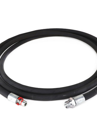 AGCO's HOSE - AL9032518 is a coiled black rubber hose featuring silver connectors at both ends, with one connector distinguished by a red ring near it. No current product description information available.