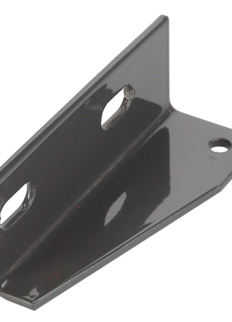 The AGCO BRACKET - D49072300 is a black metal L-shaped bracket, featuring three precision-drilled holes for secure mounting.