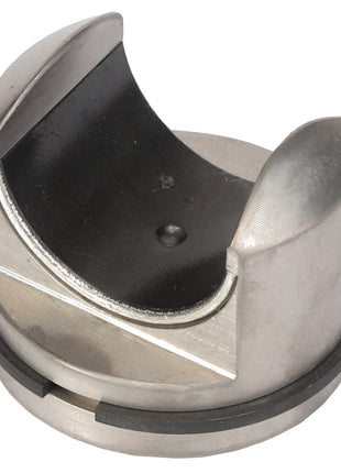 The AGCO | PISTON - AG334943 by AGCO is a sleek mechanical component with a semi-circular, concave shape and metallic finish. It features a black inner lining and a groove around its base.