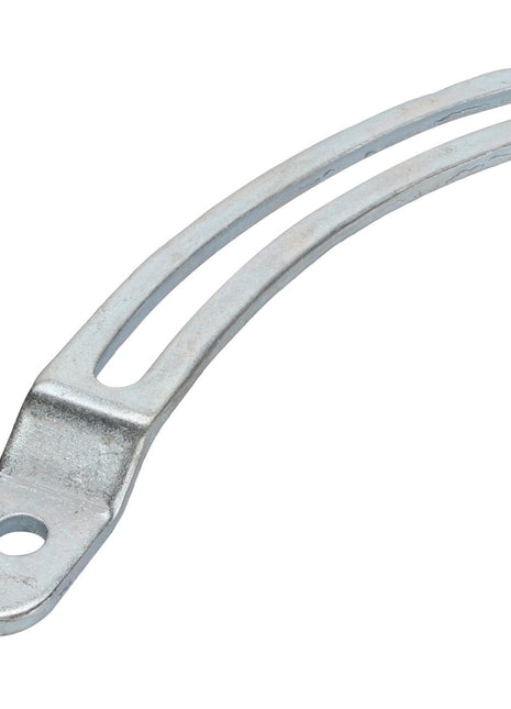 The AGCO Lever - Acp0208740 is a metal bracket with a sleek, curved design that features a slotted opening and a hole at one end, making it ideal for versatile mounting or support purposes.
