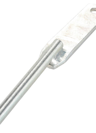 The AGCO | Tie Rod - Acw0556140 is a robust metal rod designed with a threaded end and a flat, rectangular end featuring a precisely cut circular hole.