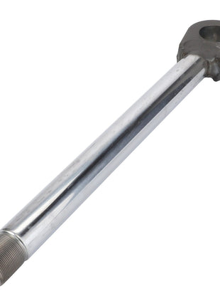 The AGCO CYLINDER ROD - F718860030010 is a robust metallic tie rod end featuring a threaded end and a precise circular attachment point, designed for reliable performance.