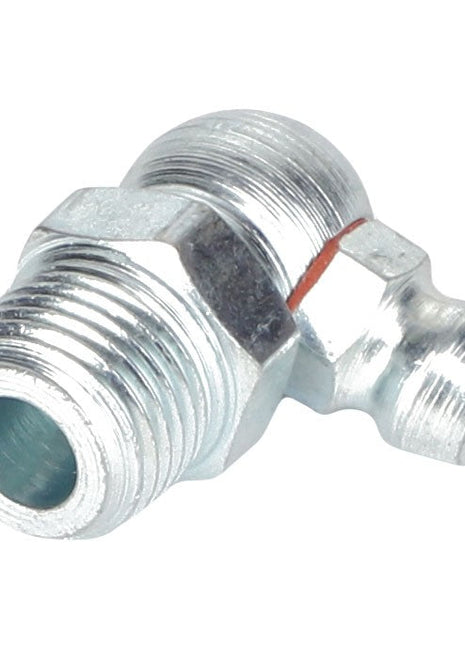 Close-up of the AGCO GREASE FITTING - AG559083, featuring two threaded ends connected at a right angle and a smooth central body.