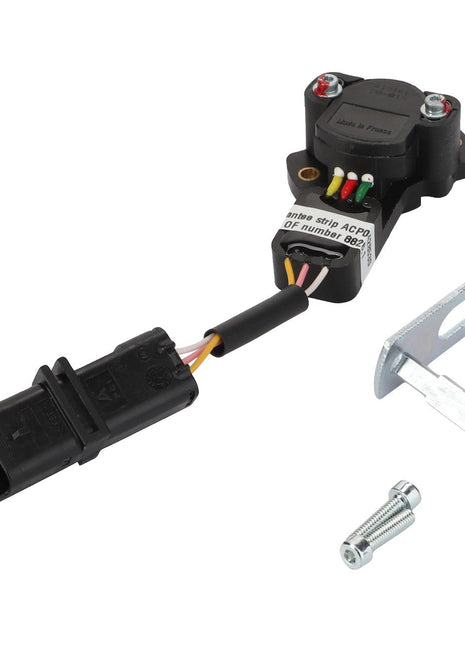 The AGCO Sensor - Acp0428530, featuring a sleek black design with attached wiring, a metallic forked bracket, and an included screw, isolated on a white background. No current product description available.