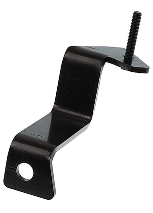 The AGCO | Support - Acw1395850 is a black metal bracket designed with a bolt on one end and a hole on the other, featuring a unique bent, angular structure. Unfortunately, no additional product description information is available at this time.