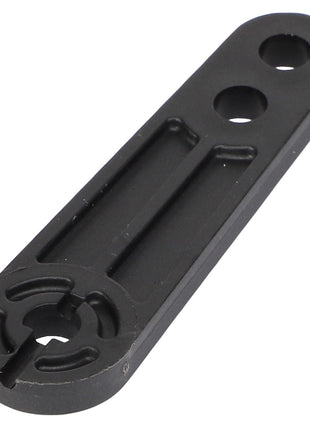 The AGCO Sensor Arm - ACW8787670 is a black metal bracket featuring two circular holes and a slotted hole at one end, making it ideal for mounting or adjusting purposes.