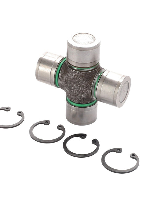 The AGCO | Spider, Cross Joint - Acp0364360 is equipped with four black retaining clips arranged in a row at the bottom to ensure power transmission and is designed for prolonged service life. This component is an AGCO Genuine Cross Joint.