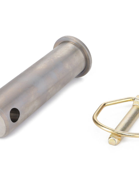 The AGCO Locking Bolt - F931502164060 is a cylindrical metal hitch pin with a hole near one end, paired with a gold-colored locking clip that has an angular handle.