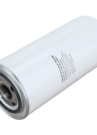 A white cylindrical oil filter with a metal top and a threaded hole, positioned at an angle, featuring small black text printed on the side. No current product description information is available. Product Name: AGCO | OIL FILTER - D46150213 by AGCO.