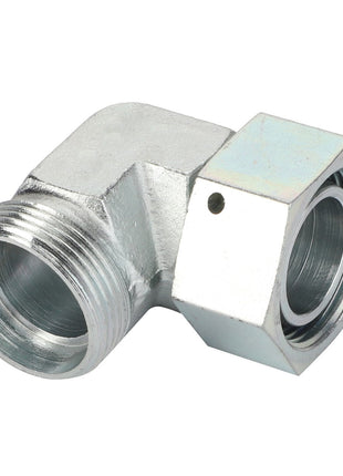 The AGCO Swivel Elbow Fitting - Acw3030960 is a robust metallic L-shaped pipe fitting with threaded ends, meticulously designed to connect two pipes at an exact 90-degree angle.