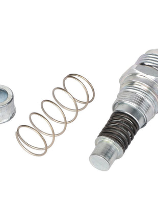 The AGCO | COUPLER - AL5028064, featuring a metal spring and cylindrical component adjacent to a bolt with a complex threaded shaft and hexagonal head, all arranged on a white background. No current product description information is available.