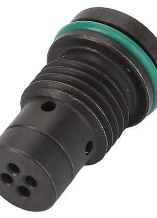 The AGCO FILTER - AL521817 is a black cylindrical mechanical component featuring ridges, multiple holes, and a green O-ring near the top end.