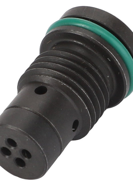 The AGCO FILTER - AL521817 is a black cylindrical mechanical component featuring ridges, multiple holes, and a green O-ring near the top end.