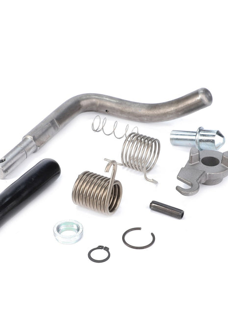 Displayed on a white background are various metal mechanical components, such as springs, a curved tube, a cylindrical rod, and small rings. Featured among them are linkage components typically used in AGCO Parts hitch assemblies, specifically the AGCO Control Lever, Automatic Clevis, and Trailer Hitch (F416500070040).