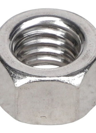 A close-up image of the AGCO | HEX NUT - AG562065, a silver hexagonal nut from the brand AGCO, often used in conjunction with a bolt to fasten objects together. No current product description information is available.