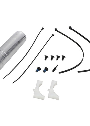 No current product description information is available for the AGCO | AIR TANK - F930500030190, but the image shows a cylindrical metal component, four black screws, one small black clip, two plastic brackets, two blue screws, two long black zip ties, and one short black zip tie on a white background. This product is branded by AGCO.