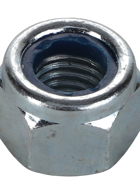 A close-up image of the AGCO | NUT - AL5011556, a hexagonal metal nut featuring an internal thread and a blue nylon insert from the AGCO brand.