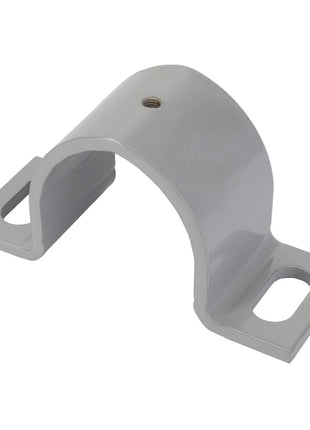 Product Description: The AGCO HALF FLANGE - D28283300 is a metal U-shaped bracket featuring two mounting holes at the base and a central hole on top.