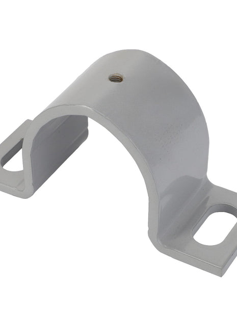 Product Description: The AGCO HALF FLANGE - D28283300 is a metal U-shaped bracket featuring two mounting holes at the base and a central hole on top.