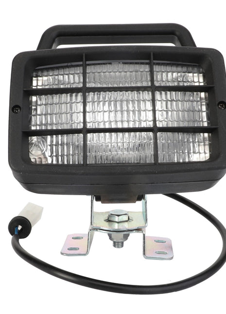 Introducing the AGCO Worklight - La321932500: a rectangular vehicle work light featuring a black casing, grid cover, and mounting bracket. It comes equipped with a black power cable ending in a white connector. This durable accessory ensures reliable performance as part of our collection of genuine AGCO parts.