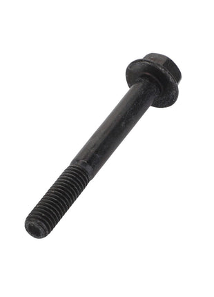 Close-up of an AGCO Hex Flange Head Machine Screw - Acw7703340, featuring a black metal bolt with a hexagonal head and partially threaded shaft.