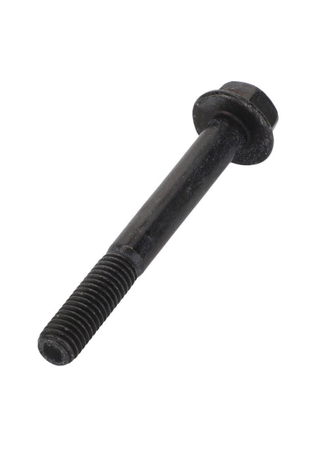 Close-up of an AGCO Hex Flange Head Machine Screw - Acw7703340, featuring a black metal bolt with a hexagonal head and partially threaded shaft.
