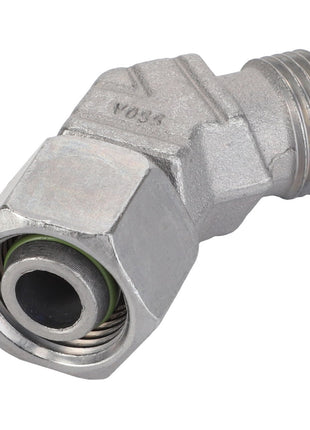 The AGCO Banjo Bolt - Acp0497930 is a metal hydraulic fitting featuring a threaded male end on one side and an angled female end on the other. The product currently lacks a detailed description.