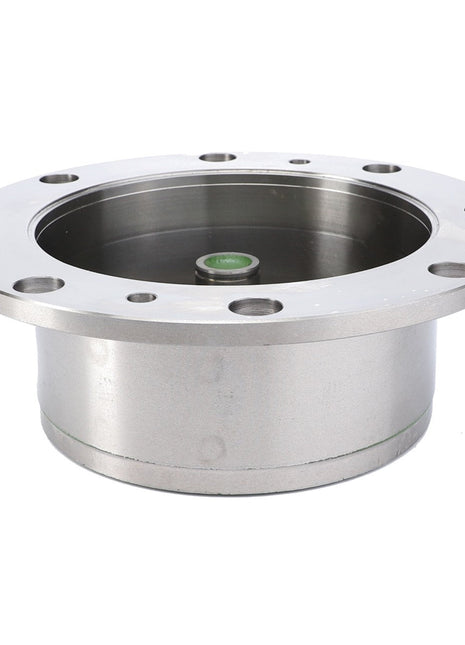 Close-up of the AGCO Planetary Carrier - F650153021490, a cylindrical metal component heat forged from high-grade steel, featuring multiple bolt holes around its rim and a green indicator at its center.