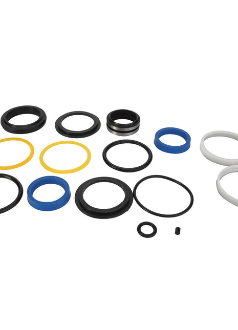 A collection of various-sized rubber O-rings and seals in black, yellow, blue, and white arranged on a white background. This is the AGCO | SEALS KIT - AL5036159 from the brand AGCO.