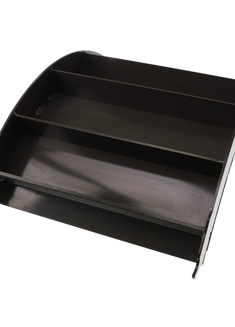 An AGCO | Separator Grate - Acw1862580, offered by AGCO, is a black, multi-tiered plastic shelf organizer with four levels and curved sides designed to hold and display items efficiently; however, no information is available on its weight capacity.