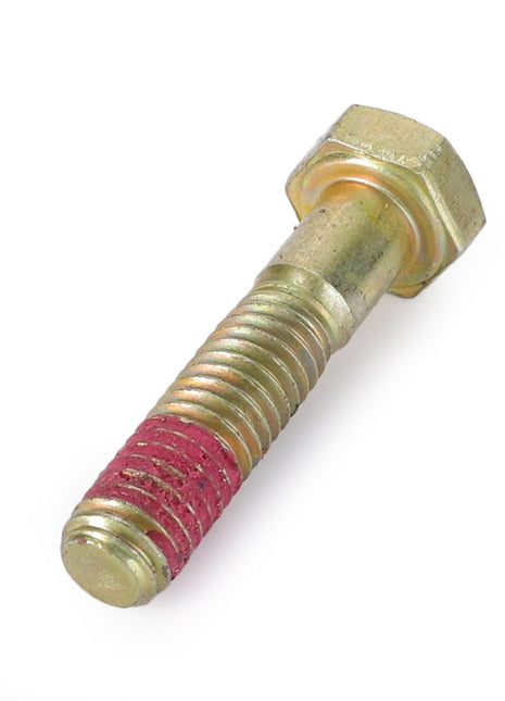 The AGCO | HEXAGONAL HEAD BOLT - D28284940 is a metallic hex bolt featuring a partially threaded shaft and a red lock patch on the threads, designed for secure fastening.