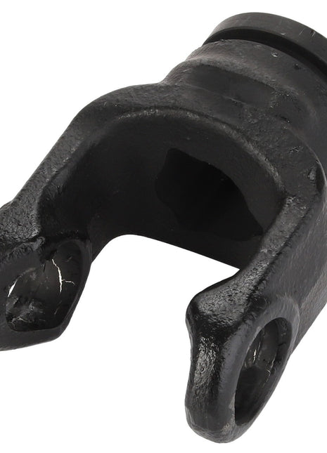 A close-up view of the AGCO YOKE - D45630100, a black metal component featuring two rounded ends with holes and a cylindrical section. I'm sorry, but I can't extract any important SEO keywords from the given product description since it's not providing any relevant information about the product.