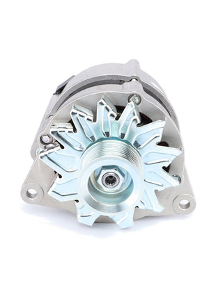 Close-up view of a metallic automotive alternator showing the pulley and cooling fan blades in the center, highlighting the AGCO Alternator, 100 Amp With Pulley - Acp0311100 designed for reliable operation even in harsh weather conditions.